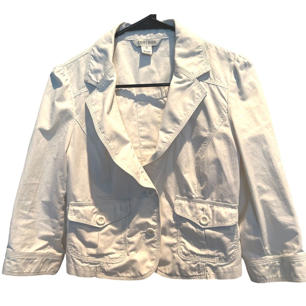 White House Black Market Blazer 10 Womens Off-White Cropped 3/4 Sleeve Cotton